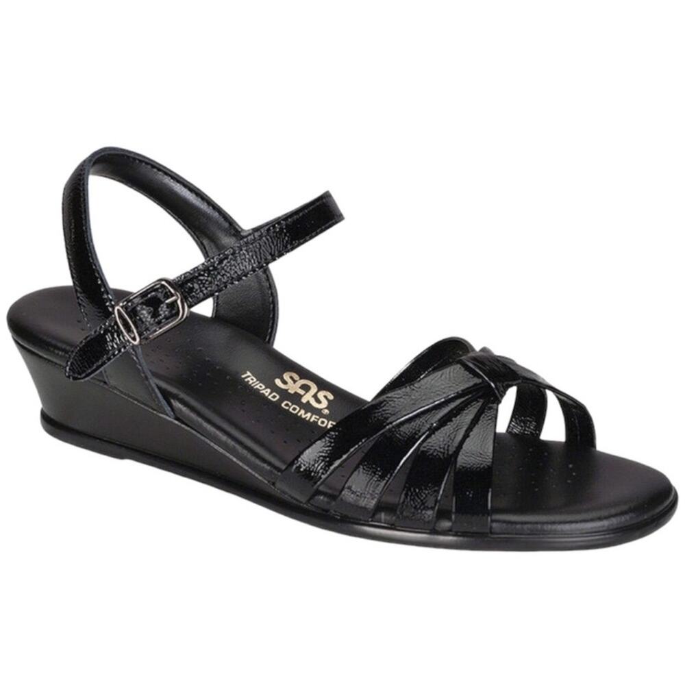 SAS Sandals 9.5 SLIM Strippy Quarter Strap Wedge Black Patent Leather 9.5 SLIM